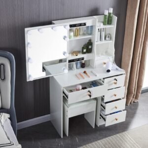 Saihemei Makeup Dressing Table with Sliding Mirror and Lights, 3 Color Modes Vanity Set with Storage Shelves and Chair, Makeup Table with Charging Station for Women Girls
