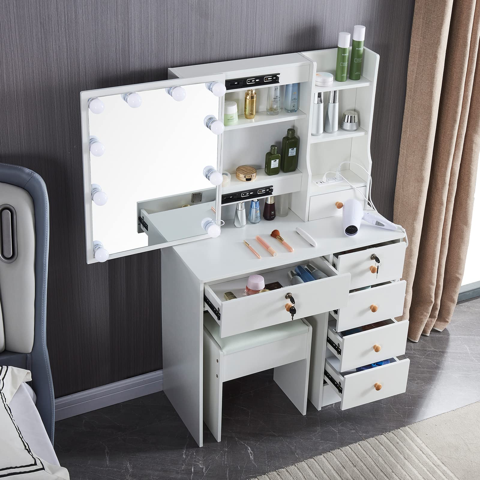 Saihemei Makeup Dressing Table with Sliding Mirror and Lights, 3 Color Modes Vanity Set with Storage Shelves and Chair, Makeup Table with Charging Station for Women Girls