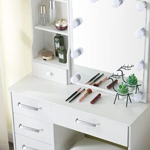 Saihemei Modern Vanity Desk with Lights, 6 Drawers Dresser with Cushioned Stool and 3 Lighting Colors, Makeup Table with Lots Storage for Bedroom