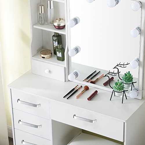 Saihemei Modern Vanity Desk with Lights, 6 Drawers Dresser with Cushioned Stool and 3 Lighting Colors, Makeup Table with Lots Storage for Bedroom