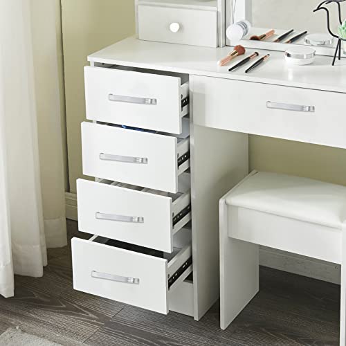 Saihemei Modern Vanity Desk with Lights, 6 Drawers Dresser with Cushioned Stool and 3 Lighting Colors, Makeup Table with Lots Storage for Bedroom
