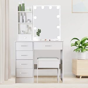 Saihemei Modern Vanity Desk with Lights, 6 Drawers Dresser with Cushioned Stool and 3 Lighting Colors, Makeup Table with Lots Storage for Bedroom