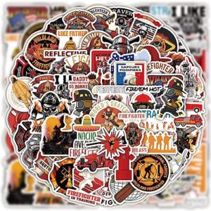 50 pack fireman vinyl stickers, fire truck theme, perfect for adults, kids on fire equipment, water bottles, helmets, laptops