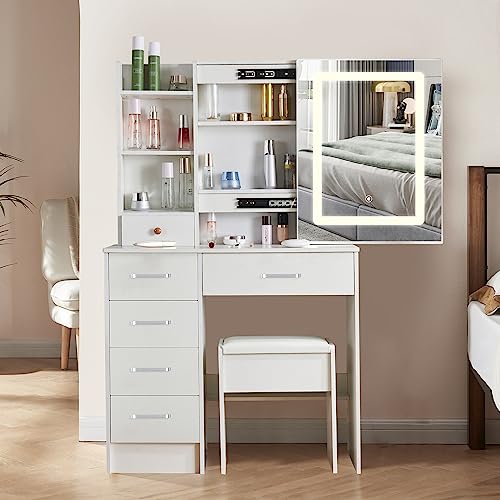 Saihemei Modern Vanity Desk with Sliding LED Mirror, 3 Lighting Modes Adjustable Brightness Bedroom Set, Makeup Dressing Table with Cushioned Stool and Lots Storage for Women Girls