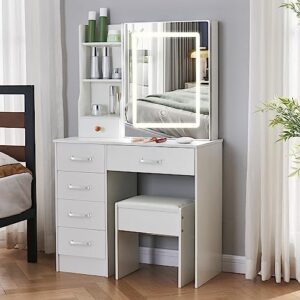 Saihemei Modern Vanity Desk with Sliding LED Mirror, 3 Lighting Modes Adjustable Brightness Bedroom Set, Makeup Dressing Table with Cushioned Stool and Lots Storage for Women Girls