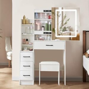 vanity desk with led light in 3 colors, modern vanity table with 4 drawers and 7 shelves, 3 lighting modes dressing table with chair and sliding mirror for bedroom