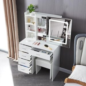 jblcc large vanity desk with mirror and lights,makeup vanity with sliding mirror, large vanity set with storage shelves, drawers, modern vanity table for bedroom (62707led)