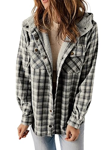 Dokotoo Womens Winter Plaid Jackets for Women Fashion Fall Button Down Long Sleeve Sherpa Shacket Jacket Women Fleece Hooded Coats Outerwear Oversized Flannel Shirts for Women with Pockets Black S