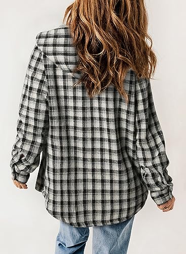 Dokotoo Womens Winter Plaid Jackets for Women Fashion Fall Button Down Long Sleeve Sherpa Shacket Jacket Women Fleece Hooded Coats Outerwear Oversized Flannel Shirts for Women with Pockets Black S