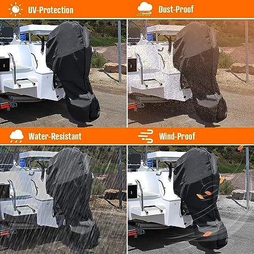 iCOVER Outboard Motor Covers, Trailerable Full Boat Motor Cover Waterproof Heavy Duty Oxford Fabric Outboard Engine Covers with Zipper, Fits 175-225HP Motor