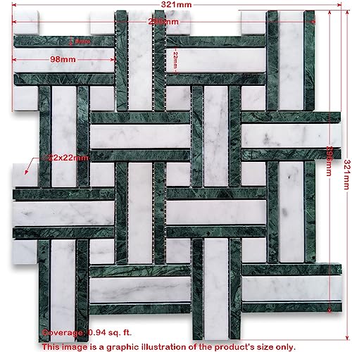 Stone Center Online Carrara White Marble 1 inch Twine Basketweave Mosaic Tile w/Indian Green Honed Kitchen Bath Wall Floor Backsplash Shower (1 Sheet)