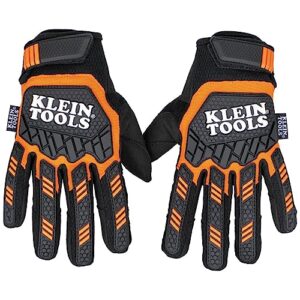 klein tools 60599 work gloves, heavy-duty suede palm gloves, tpr impact resistant, touchscreen-capable, hook and loop wrist strap, medium, black, orange, white