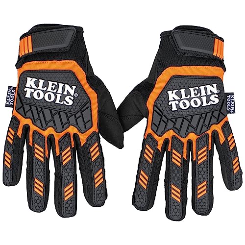 Klein Tools 60599 Work Gloves, Heavy-Duty Suede Palm Gloves, TPR Impact Resistant, Touchscreen-Capable, Hook and Loop Wrist Strap, Medium, Black, Orange, White