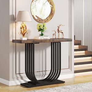 tribesigns console table, industrial 39.4 inch entryway foyer table, narrow sofa accent table with geometric metal legs for living room, hallway, entrance, rustic brown & black