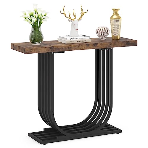 Tribesigns Console Table, Industrial 39.4 Inch Entryway Foyer Table, Narrow Sofa Accent Table with Geometric Metal Legs for Living Room, Hallway, Entrance, Rustic Brown & Black