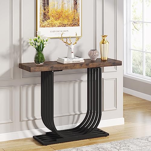 Tribesigns Console Table, Industrial 39.4 Inch Entryway Foyer Table, Narrow Sofa Accent Table with Geometric Metal Legs for Living Room, Hallway, Entrance, Rustic Brown & Black
