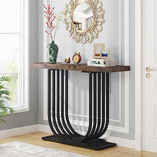 Tribesigns Console Table, Industrial 39.4 Inch Entryway Foyer Table, Narrow Sofa Accent Table with Geometric Metal Legs for Living Room, Hallway, Entrance, Rustic Brown & Black