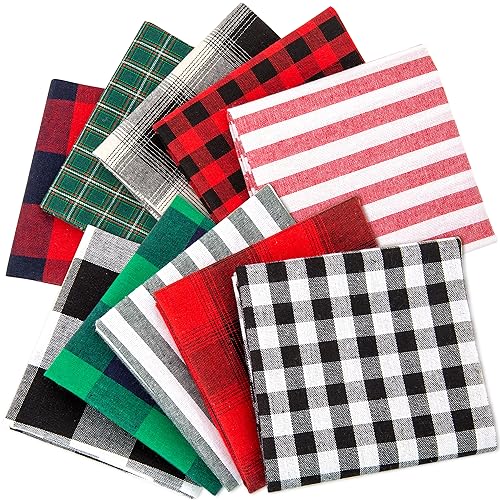 Caydo 10 Pcs Cotton Checkered Fabric Squares, 18 x 18 Inch Stripe Fat Quarters Checked Cloth Quilting Fabric Scraps for Christmas DIY Crafting Sewing Patchwork