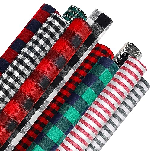 Caydo 10 Pcs Cotton Checkered Fabric Squares, 18 x 18 Inch Stripe Fat Quarters Checked Cloth Quilting Fabric Scraps for Christmas DIY Crafting Sewing Patchwork
