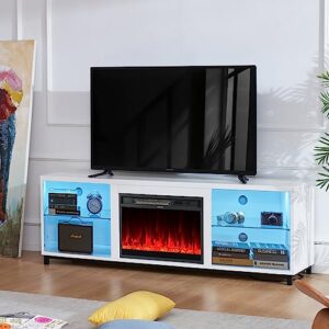 oneinmil fireplace tv stand for tv up to 78 inch for living room, 68 inch modern tv cabinet with aelectric fireplace, wood storage tv console, media entertainment center with cable holes,white