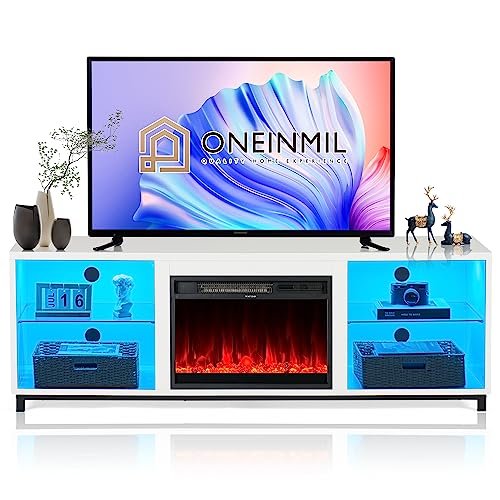 oneinmil Fireplace TV Stand for TV up to 78 Inch for Living Room, 68 Inch Modern TV Cabinet with AElectric Fireplace, Wood Storage TV Console, Media Entertainment Center with Cable Holes,White