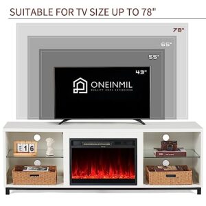 oneinmil Fireplace TV Stand for TV up to 78 Inch for Living Room, 68 Inch Modern TV Cabinet with AElectric Fireplace, Wood Storage TV Console, Media Entertainment Center with Cable Holes,White