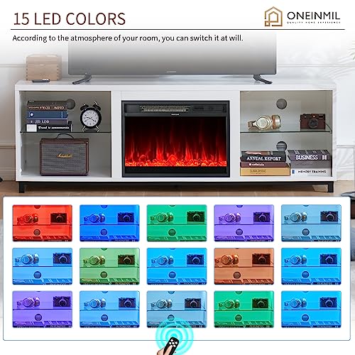 oneinmil Fireplace TV Stand for TV up to 78 Inch for Living Room, 68 Inch Modern TV Cabinet with AElectric Fireplace, Wood Storage TV Console, Media Entertainment Center with Cable Holes,White