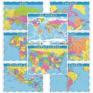 educational placemats for kids set of 8 world map placemat non slip washable eat table mat usa, europe, asia, africa, south america, central america, canada maps for primary school dining table