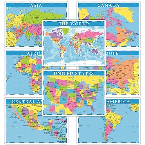 Educational Placemats for Kids Set of 8 World Map Placemat Non Slip Washable Eat Table Mat USA, Europe, Asia, Africa, South America, Central America, Canada Maps for Primary School Dining Table