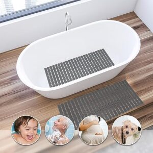 Qidordour Bath Mat for Tub Non Slip Shower Mat, 35.4 x 15.7 Inch Long Bathtub Mats with Suction Cups and Drainage Holes, Anti Slip Soft Bathroom Mat for Inside Shower Stall Tray Toilet Floor, Grey