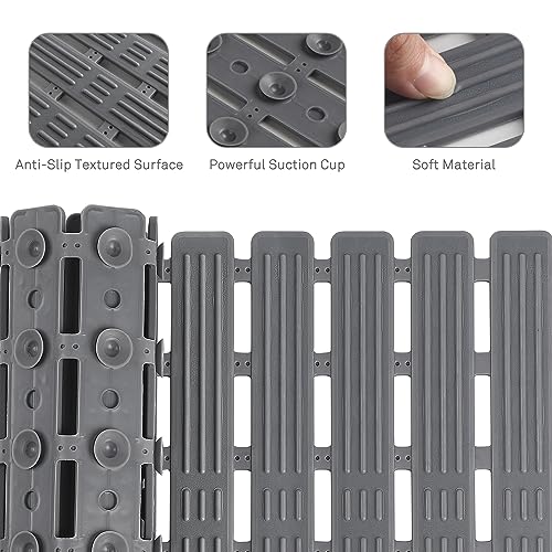 Qidordour Bath Mat for Tub Non Slip Shower Mat, 35.4 x 15.7 Inch Long Bathtub Mats with Suction Cups and Drainage Holes, Anti Slip Soft Bathroom Mat for Inside Shower Stall Tray Toilet Floor, Grey