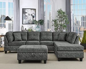 evedy modern sectional, living room furniture sets,l-shaped storage ottoman,couch with nail-head trim,3-seaters sofa with extra wide reversible chaise and 2 small pillows, grey fabric