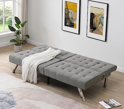 68"Convertible Folding Futon Sofa Bed,Split Back Design,Modern Fabric Sleeper Couch Bed with Chrome Legs,Upholstered Recliner Loveseat for Small Spaces Living Room Dorms Office (Ligjt Grey armless)