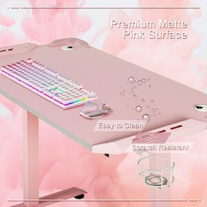 AODAILIHB Pink 44 Inch Cute Computer Gaming Table T Shaped Girl Gamer Workstation Home Office Desk with Cable Management and Headphone/Cup Holder