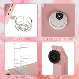 AODAILIHB Pink 44 Inch Cute Computer Gaming Table T Shaped Girl Gamer Workstation Home Office Desk with Cable Management and Headphone/Cup Holder