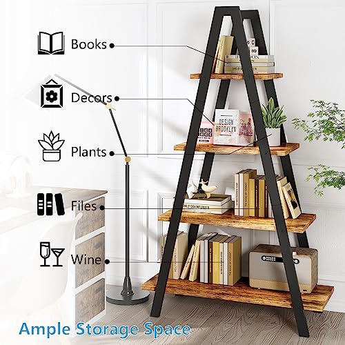 Recaceik 4-Tier Bookshelf, A-Shaped Bookcase Industrial Ladder Shelf Open Display Shelves with Metal Frame, Freestanding Plant Stand Book Shelf Open Storage Organizer for Living Room, Home Office