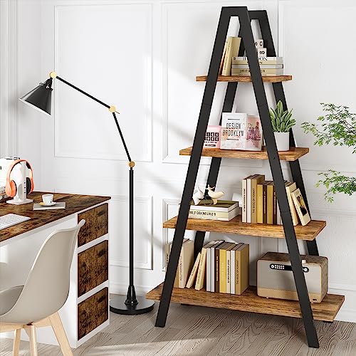 Recaceik 4-Tier Bookshelf, A-Shaped Bookcase Industrial Ladder Shelf Open Display Shelves with Metal Frame, Freestanding Plant Stand Book Shelf Open Storage Organizer for Living Room, Home Office