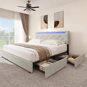 yitahome bed frame queen size, led bed frame with 4 storage drawers, adjustable upholstered headboard platform bed with wooden slats support, no box spring needed, grey