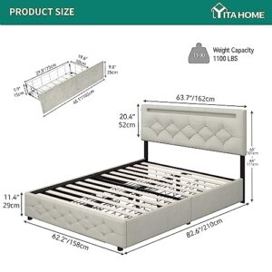 YITAHOME Bed Frame Queen Size, Led Bed Frame with 4 Storage Drawers, Adjustable Upholstered Headboard Platform Bed with Wooden Slats Support, No Box Spring Needed, Grey