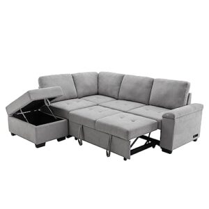merax l shaped sectional sofa couch sleeper bed with storage ottoman and chaise for small apartment, living room love seats, gray
