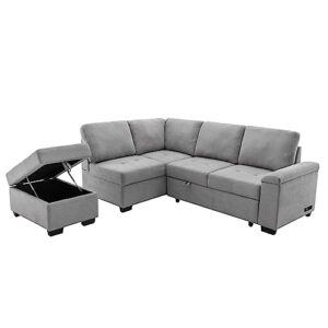 Merax L Shaped Sectional Sofa Couch Sleeper Bed with Storage Ottoman and Chaise for Small Apartment, Living Room Love Seats, Gray