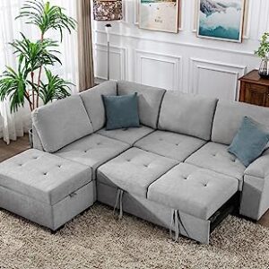 Merax L Shaped Sectional Sofa Couch Sleeper Bed with Storage Ottoman and Chaise for Small Apartment, Living Room Love Seats, Gray