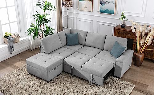 Merax L Shaped Sectional Sofa Couch Sleeper Bed with Storage Ottoman and Chaise for Small Apartment, Living Room Love Seats, Gray