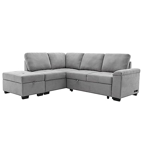 Merax L Shaped Sectional Sofa Couch Sleeper Bed with Storage Ottoman and Chaise for Small Apartment, Living Room Love Seats, Gray