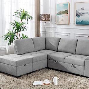 Merax L Shaped Sectional Sofa Couch Sleeper Bed with Storage Ottoman and Chaise for Small Apartment, Living Room Love Seats, Gray