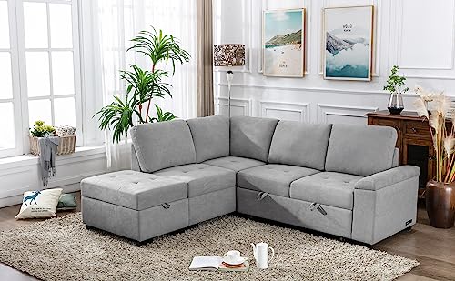 Merax L Shaped Sectional Sofa Couch Sleeper Bed with Storage Ottoman and Chaise for Small Apartment, Living Room Love Seats, Gray