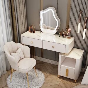 vanity desk with mirror and lights, vanity table makeup vanity set with partitioned drawer, chair,cabinets, mirror with 3-color lighted, modern white dressing table for women girls for bedroom