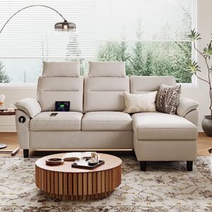 linsy home sectional sofa, high back sectional couch with ottoman, 2 usb and storage bags, l shaped sofa with extra headrests, small sectional sofa set for living room, apartment, beige