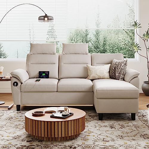 LINSY HOME Sectional Sofa, High Back Sectional Couch with Ottoman, 2 USB and Storage Bags, L Shaped Sofa with Extra Headrests, Small Sectional Sofa Set for Living Room, Apartment, Beige