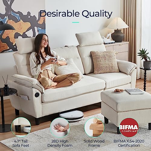 LINSY HOME Sectional Sofa, High Back Sectional Couch with Ottoman, 2 USB and Storage Bags, L Shaped Sofa with Extra Headrests, Small Sectional Sofa Set for Living Room, Apartment, Beige
